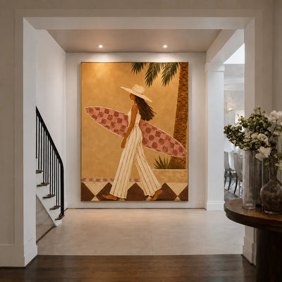 Golden Palm Surfer Figurative Wall Art styled interior scene 5 | Olyrel