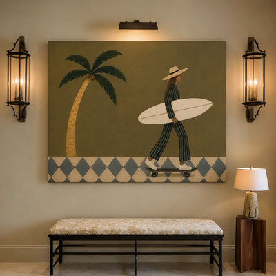 Olive Palm Skateboard Surfer Wall Art styled interior scene 1 | Olyrel