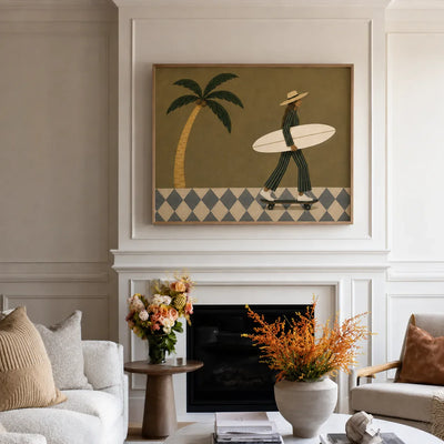 Olive Palm Skateboard Surfer Wall Art styled interior scene 2 | Olyrel