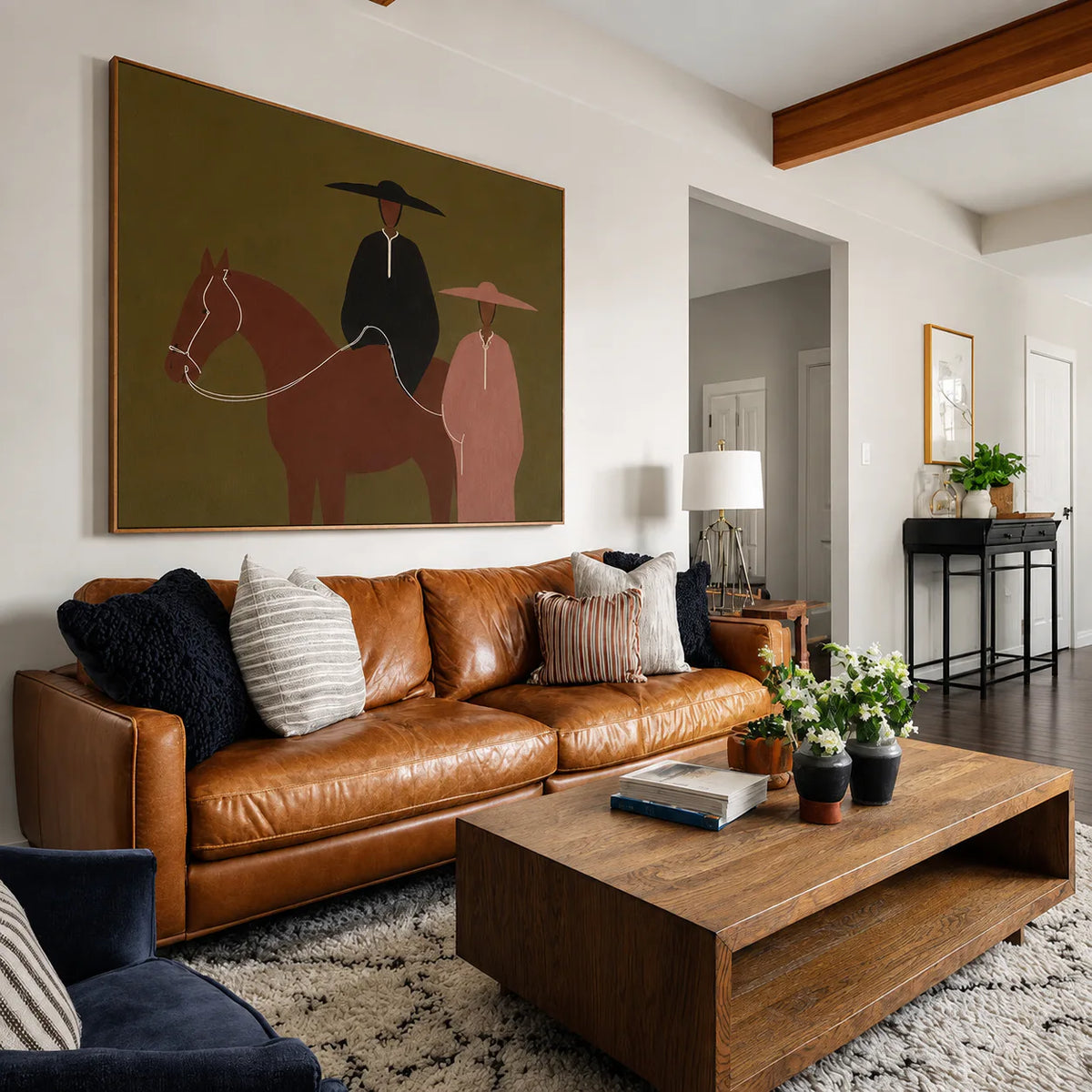 Olive Horse Riders Folk Wall Art styled interior scene 1 | Olyrel