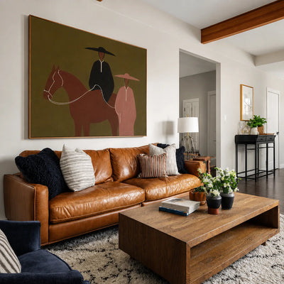 Olive Horse Riders Folk Wall Art styled interior scene 1 | Olyrel