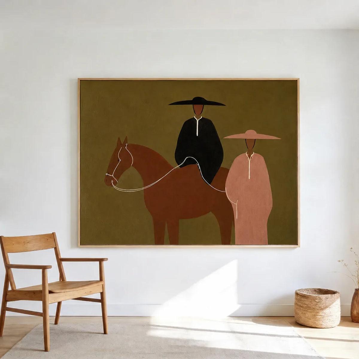 Olive Horse Riders Folk Wall Art styled interior scene 2 | Olyrel