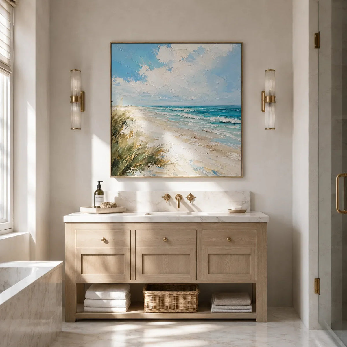Shoreline Breeze Coastal Wall Art shown in a calm bedroom setting | Olyrel
