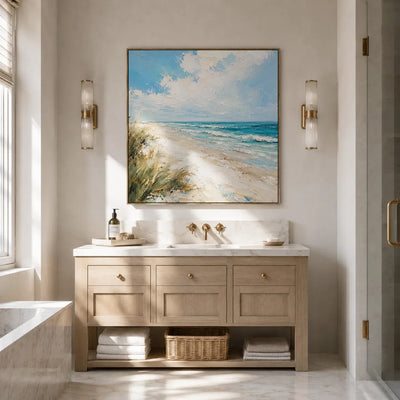 Shoreline Breeze Coastal Wall Art shown in a calm bedroom setting | Olyrel