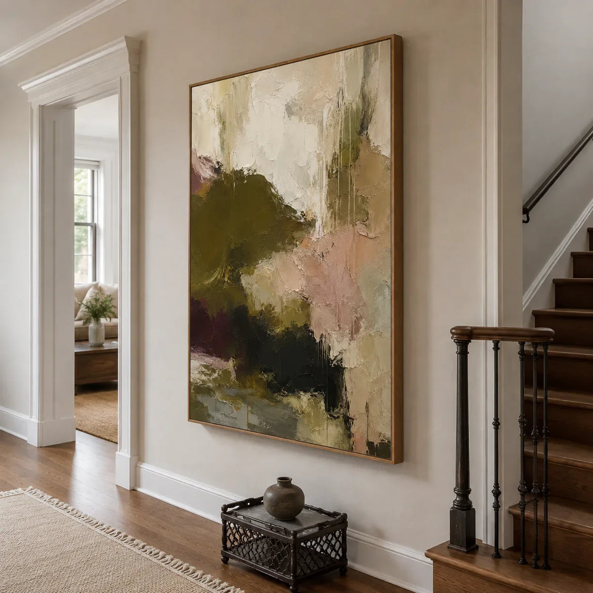 Olive Blush Abstract Textured Wall Art styled interior scene 1 | Olyrel