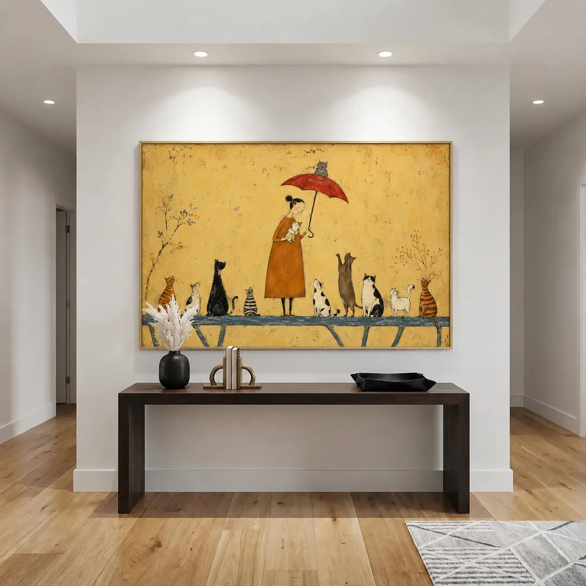 Cat Parade Under Red Umbrella Wall Art styled interior scene 1 | Olyrel