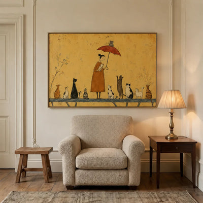 Cat Parade Under Red Umbrella Wall Art styled interior scene 3 | Olyrel