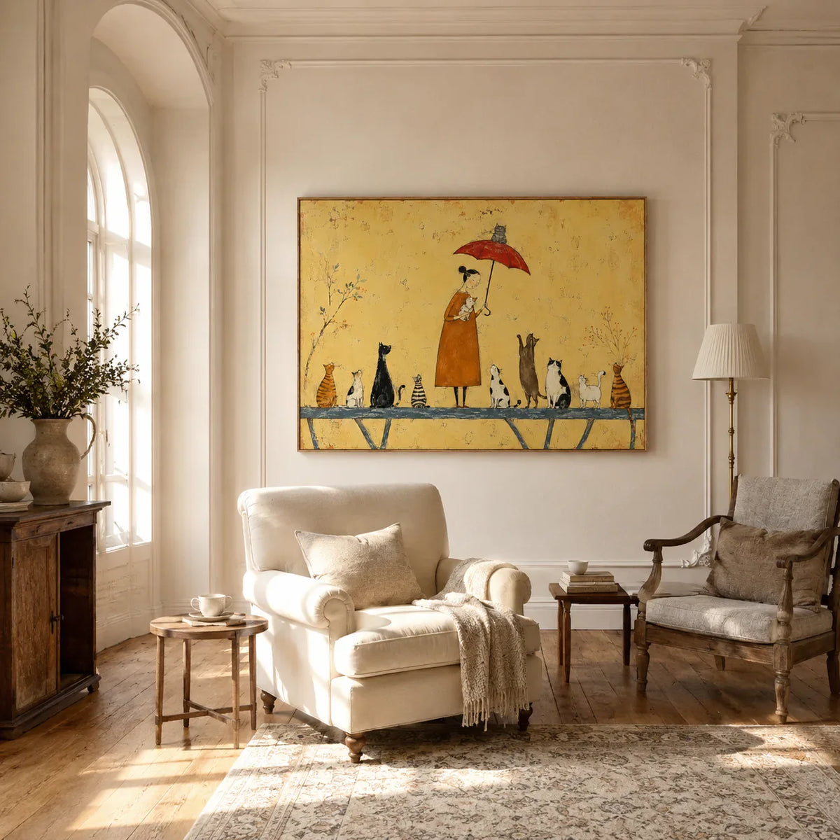 Cat Parade Under Red Umbrella Wall Art styled interior scene 4 | Olyrel