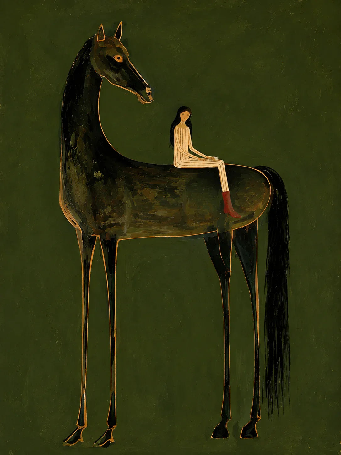 Girl on Black Horse Folk Wall Art artwork view | Olyrel