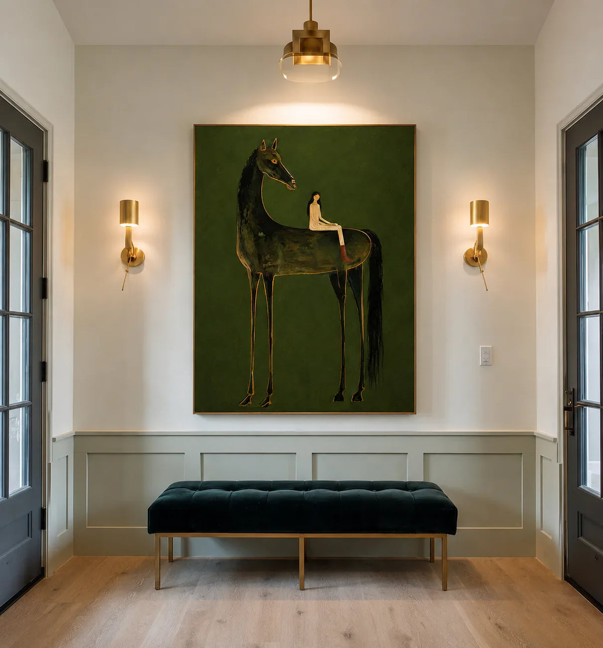 Girl on Black Horse Folk Wall Art styled interior scene 1 | Olyrel