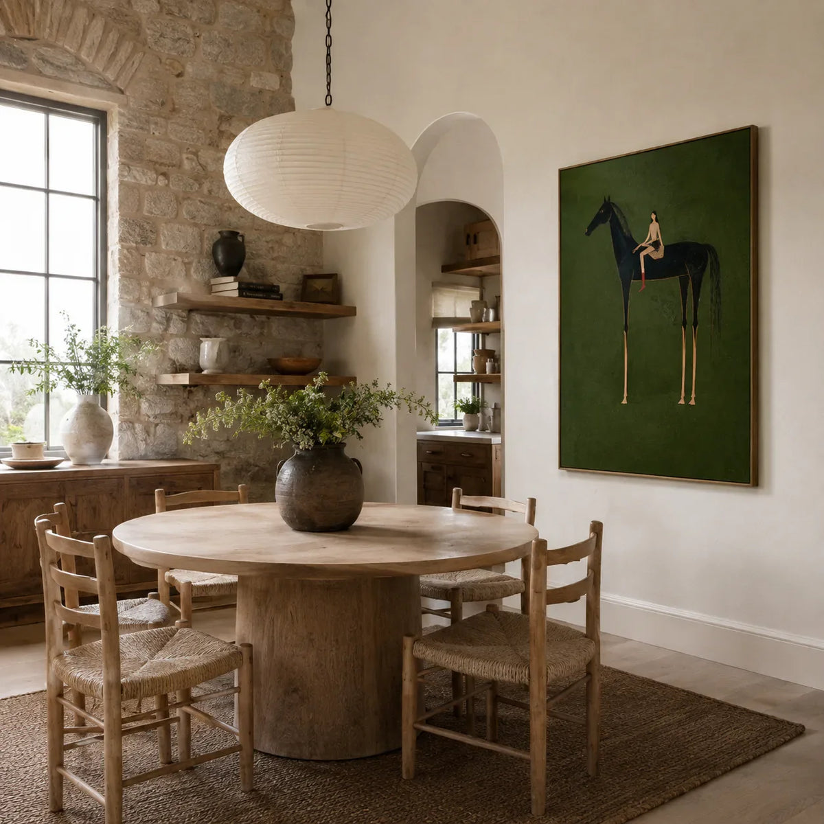 Girl on Black Horse Folk Wall Art styled interior scene 2 | Olyrel