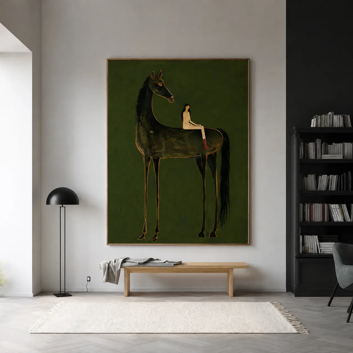 Girl on Black Horse Folk Wall Art styled interior scene 3 | Olyrel