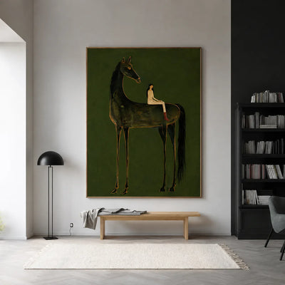 Girl on Black Horse Folk Wall Art styled interior scene 3 | Olyrel