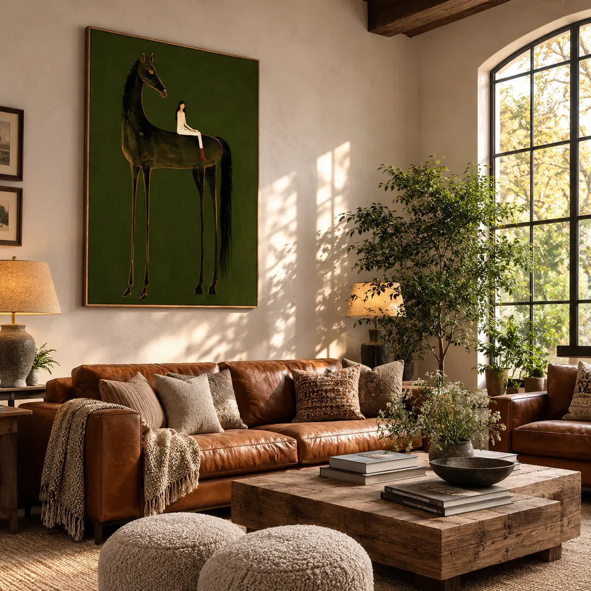 Girl on Black Horse Folk Wall Art styled interior scene 4 | Olyrel