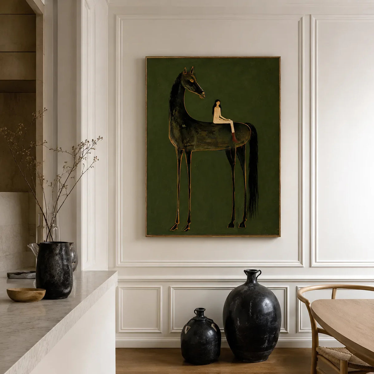 Girl on Black Horse Folk Wall Art styled interior scene 5 | Olyrel