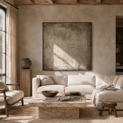 Weathered Plaster Textured Wall Art styled in a modern living room | Olyrel
