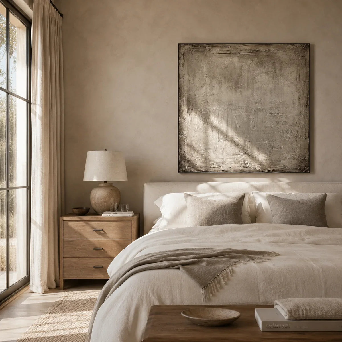 Weathered Plaster Textured Wall Art displayed above a sofa in a neutral interior | Olyrel
