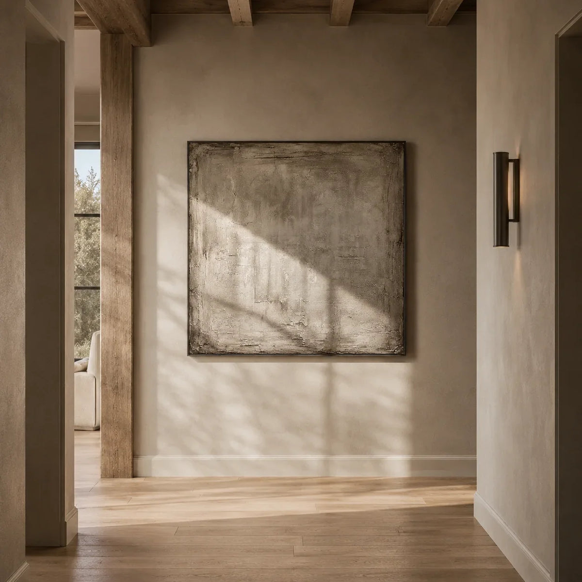 Weathered Plaster Textured Wall Art shown in a calm bedroom setting | Olyrel