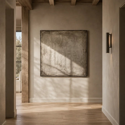 Weathered Plaster Textured Wall Art shown in a calm bedroom setting | Olyrel