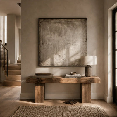 Weathered Plaster Textured Wall Art displayed in a bright dining room | Olyrel