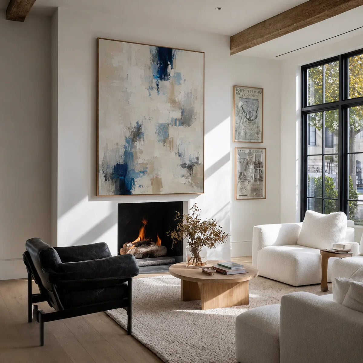 Coastal Blue White Abstract Textured Wall Art styled interior scene 1 | Olyrel