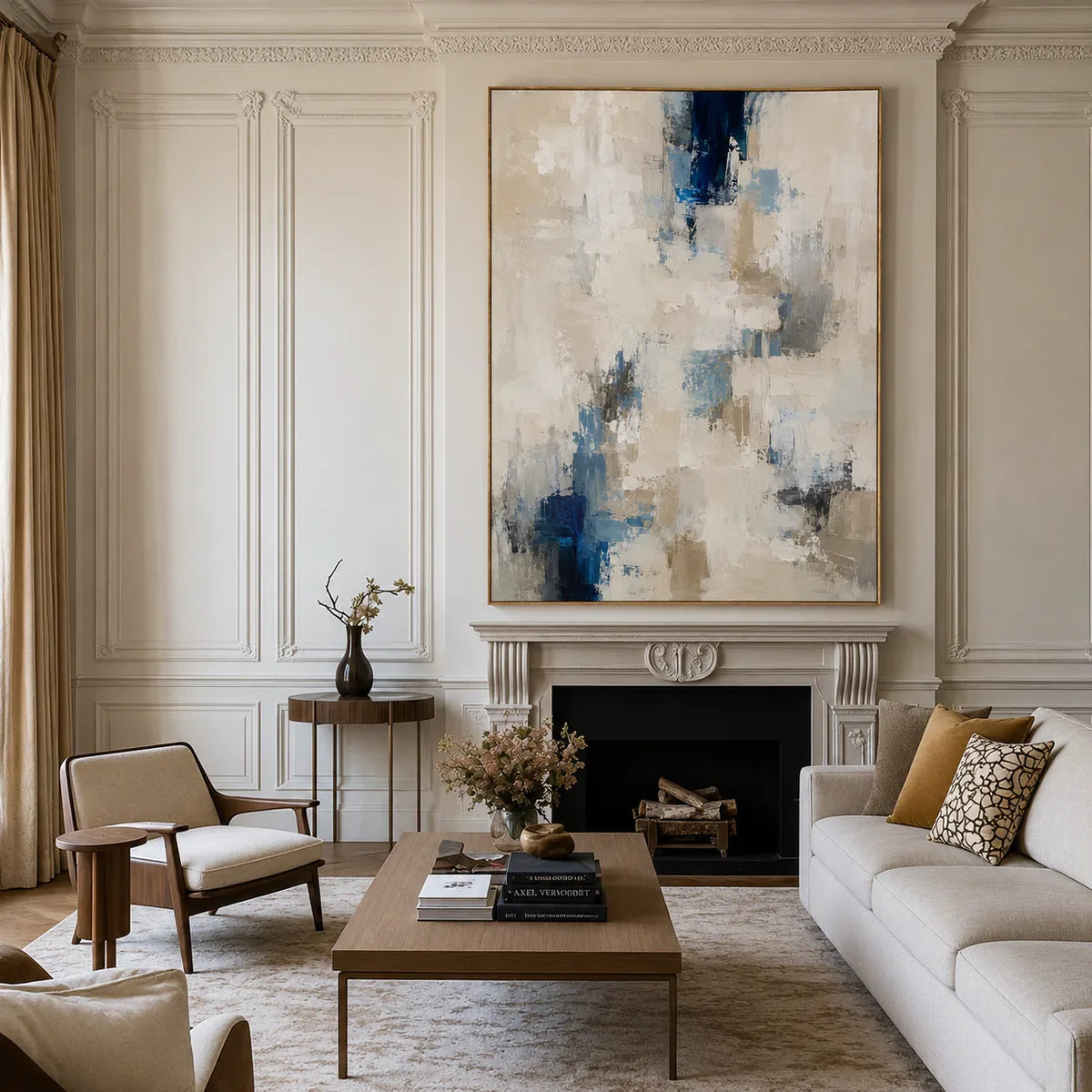 Coastal Blue White Abstract Textured Wall Art styled interior scene 3 | Olyrel
