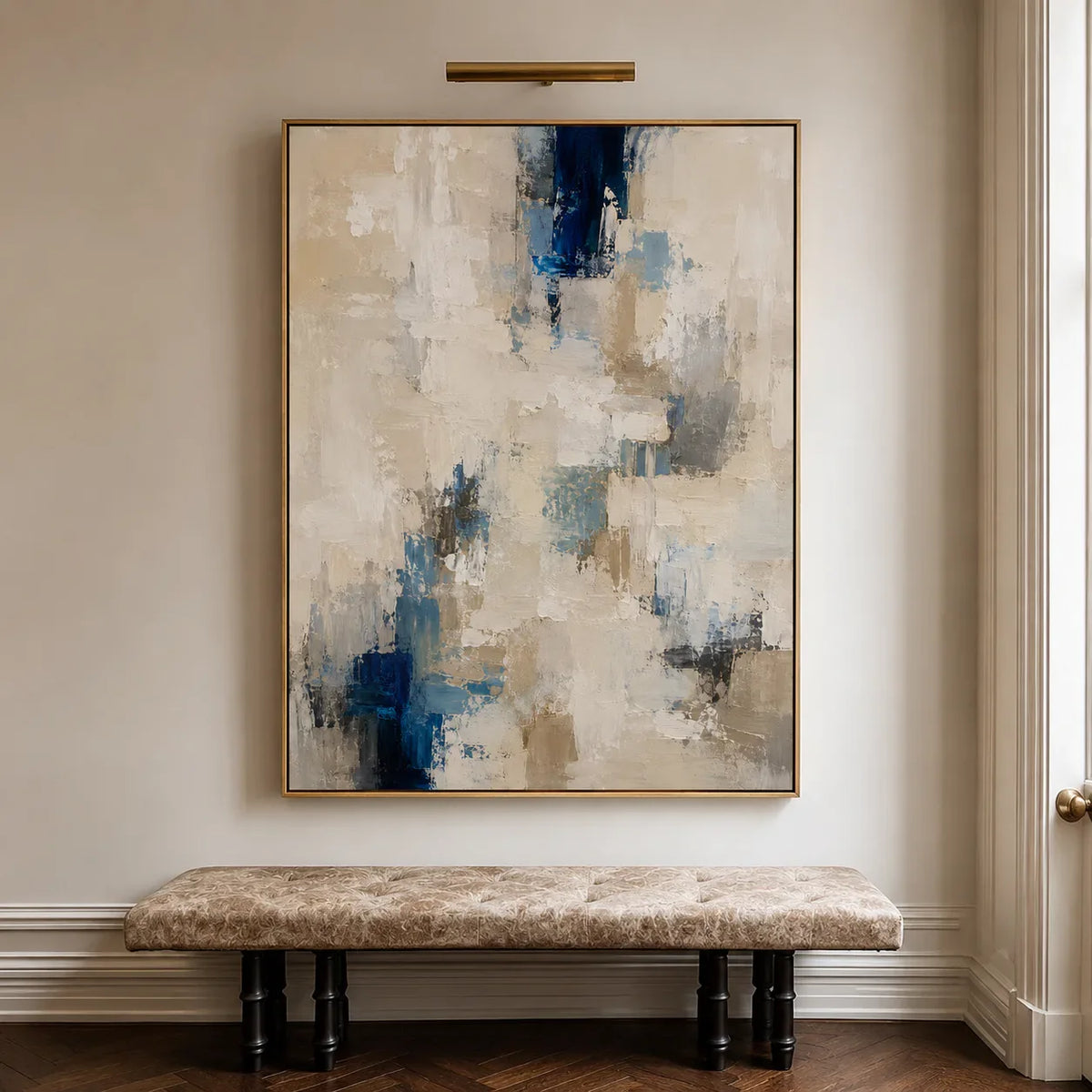 Coastal Blue White Abstract Textured Wall Art styled interior scene 4 | Olyrel