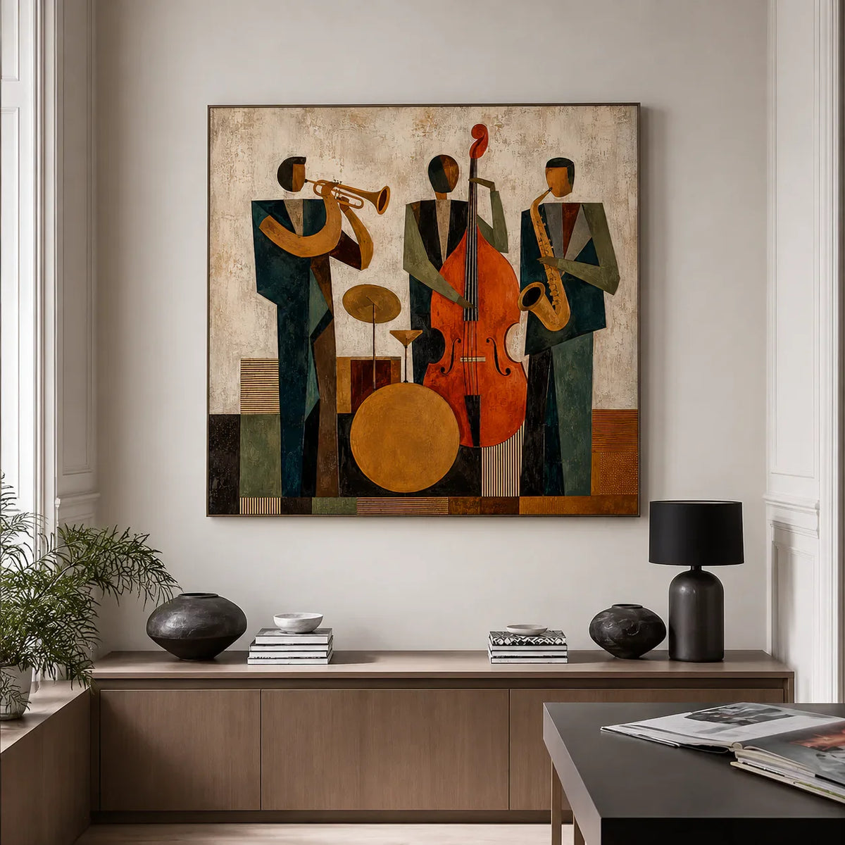Modern Jazz Trio Cubist Wall Art styled interior scene 2 | Olyrel