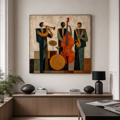 Modern Jazz Trio Cubist Wall Art styled interior scene 2 | Olyrel