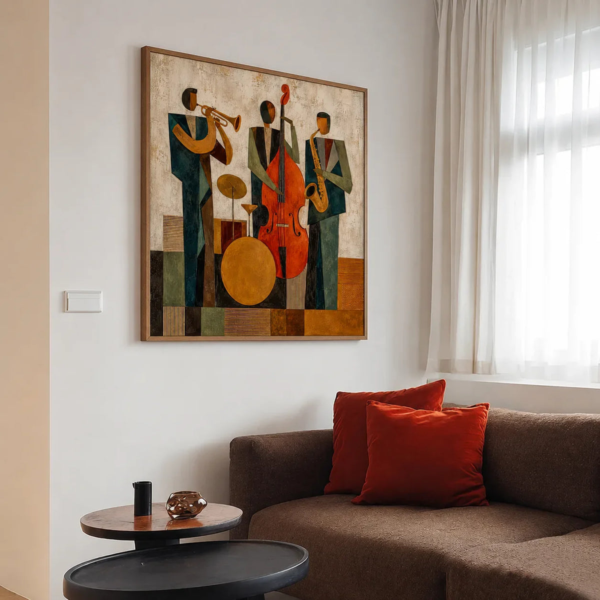 Modern Jazz Trio Cubist Wall Art styled interior scene 3 | Olyrel