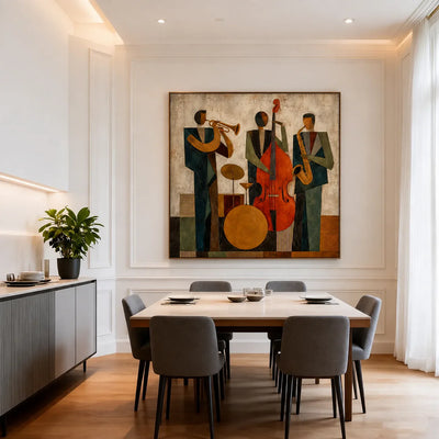 Modern Jazz Trio Cubist Wall Art styled interior scene 4 | Olyrel