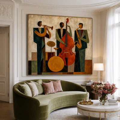 Modern Jazz Trio Cubist Wall Art styled interior scene 5 | Olyrel