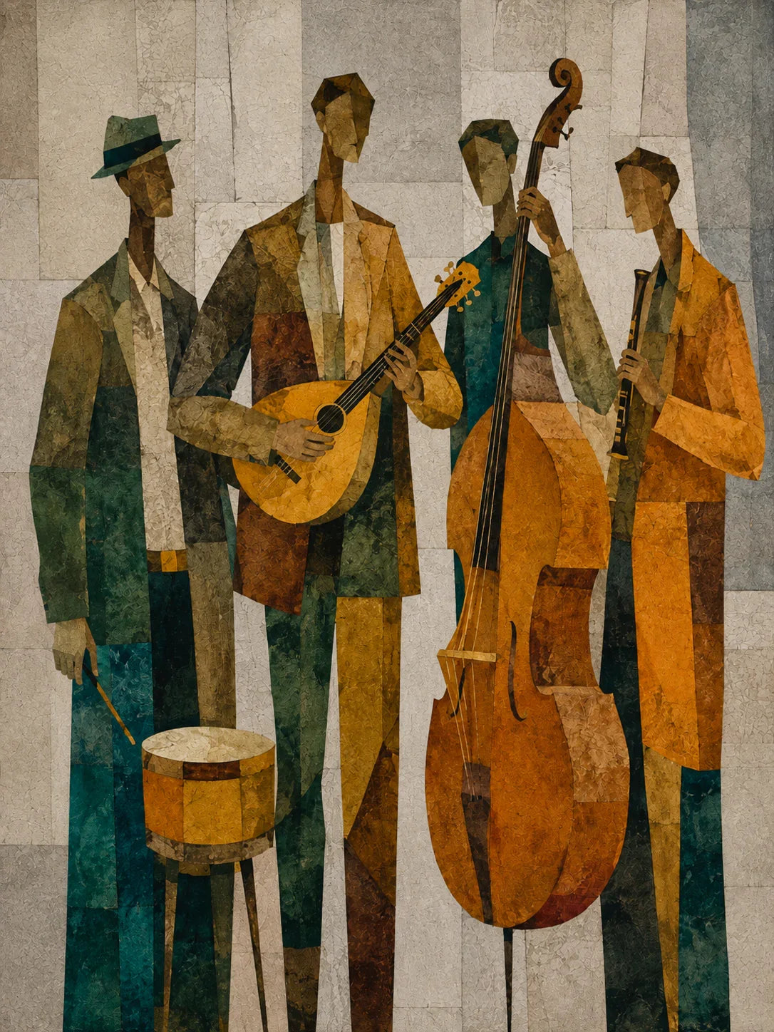 Golden Jazz Quartet Cubist Wall Art artwork view | Olyrel
