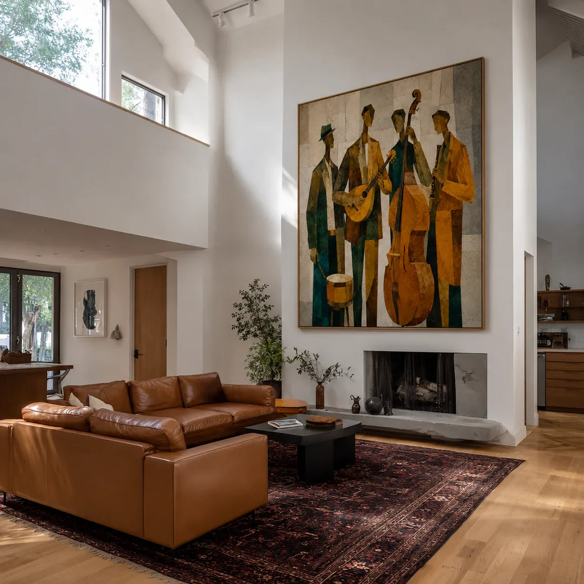 Golden Jazz Quartet Cubist Wall Art styled interior scene 2 | Olyrel