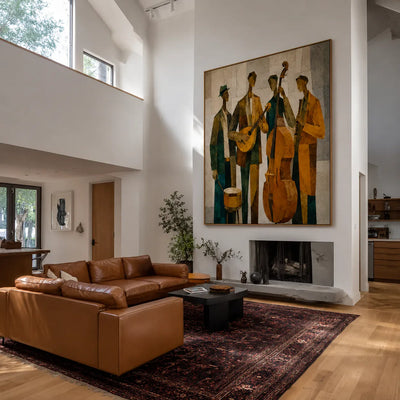 Golden Jazz Quartet Cubist Wall Art styled interior scene 2 | Olyrel