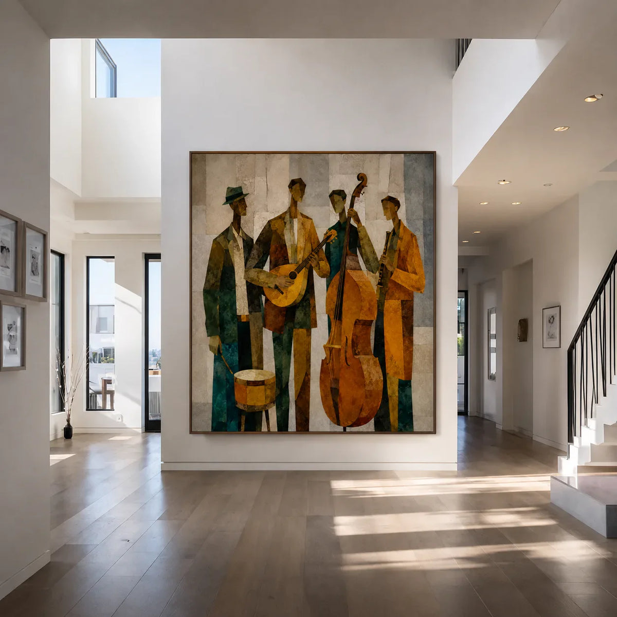 Golden Jazz Quartet Cubist Wall Art styled interior scene 3 | Olyrel