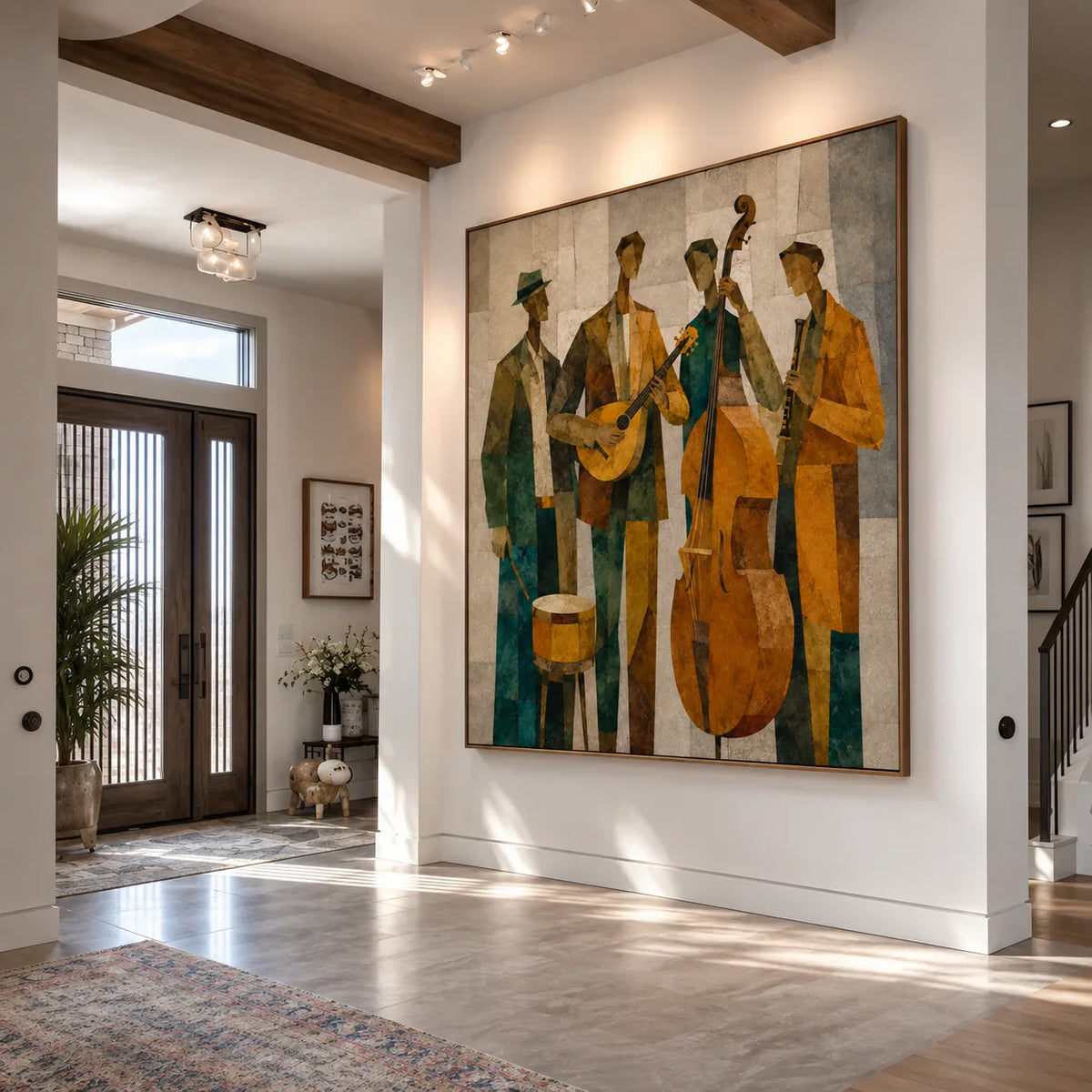 Golden Jazz Quartet Cubist Wall Art styled interior scene 4 | Olyrel