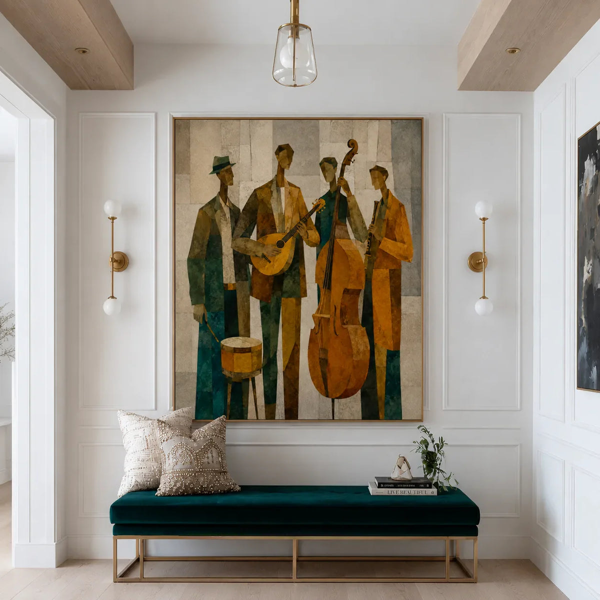 Golden Jazz Quartet Cubist Wall Art styled interior scene 5 | Olyrel