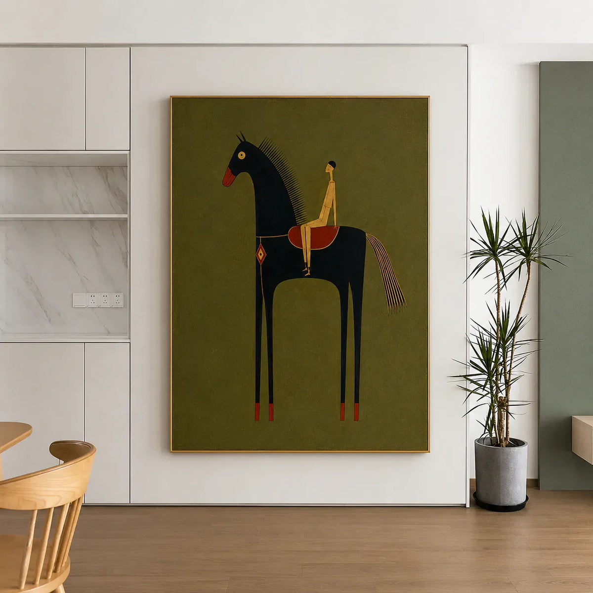 Olive Rider on Black Horse Wall Art styled interior scene 1 | Olyrel