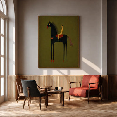Olive Rider on Black Horse Wall Art styled interior scene 3 | Olyrel