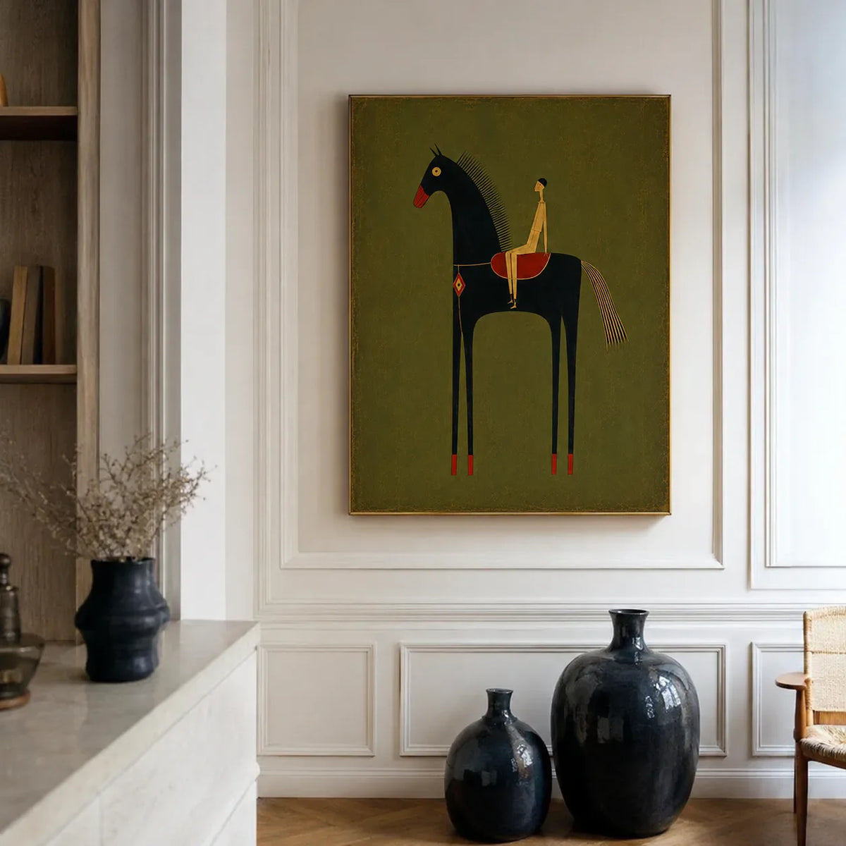 Olive Rider on Black Horse Wall Art styled interior scene 4 | Olyrel