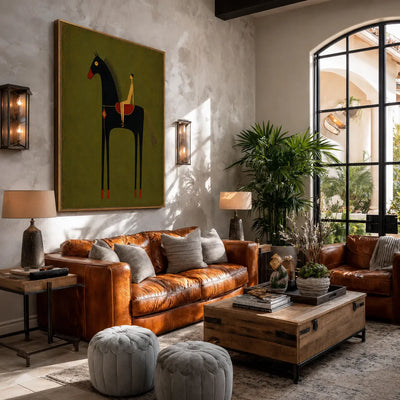 Olive Rider on Black Horse Wall Art styled interior scene 5 | Olyrel