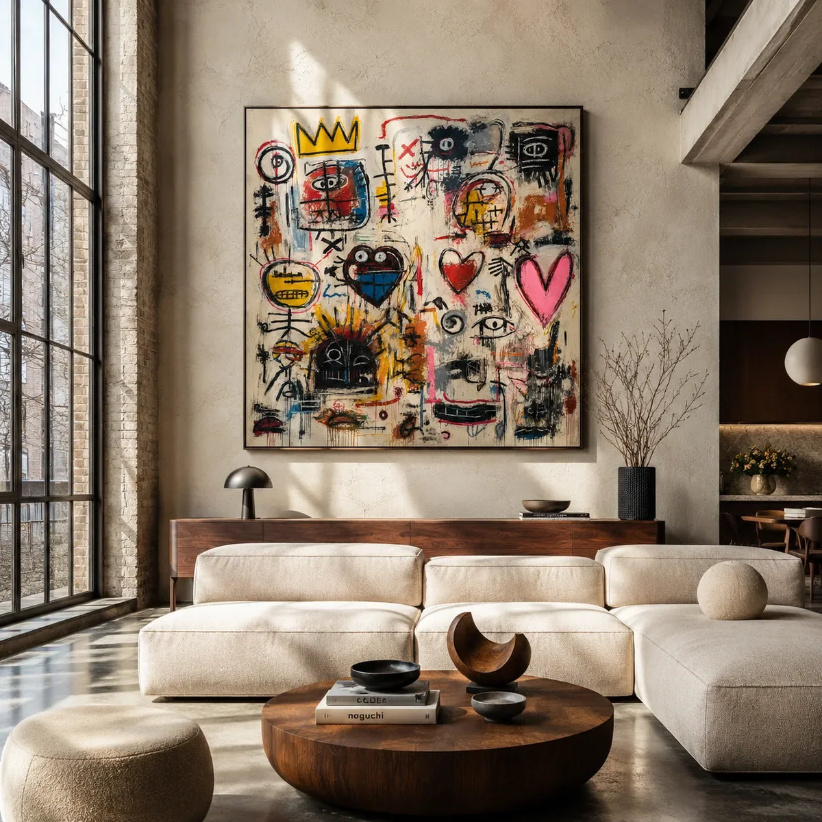 Crowned Hearts Graffiti Wall Art styled in a modern living room | Olyrel