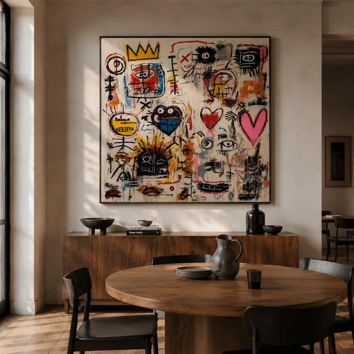 Crowned Hearts Graffiti Wall Art displayed in a bright dining room | Olyrel