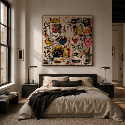 Crowned Hearts Graffiti Wall Art shown in a calm bedroom setting | Olyrel