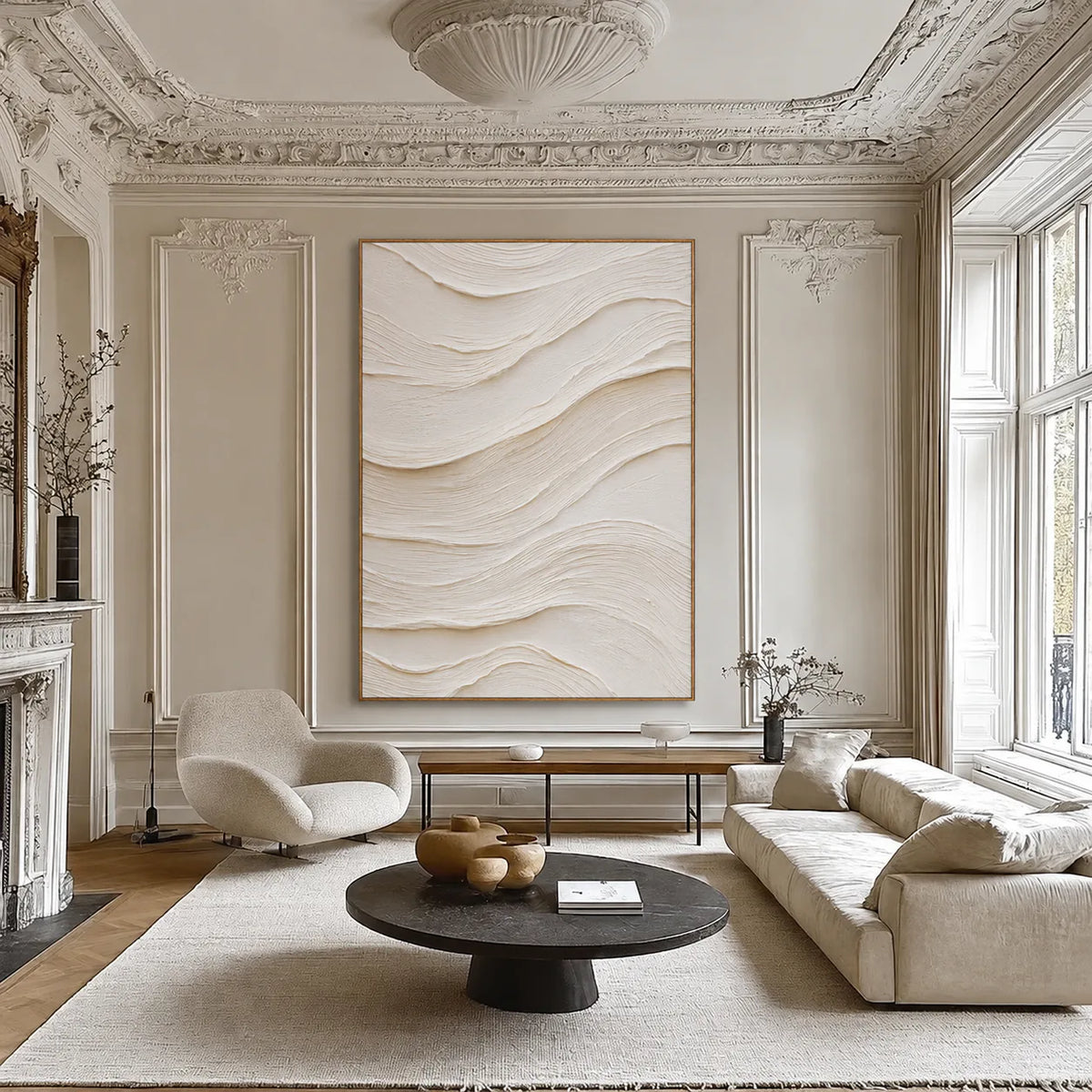 Ivory Flow Textured Relief Wall Art styled interior scene 3 | Olyrel