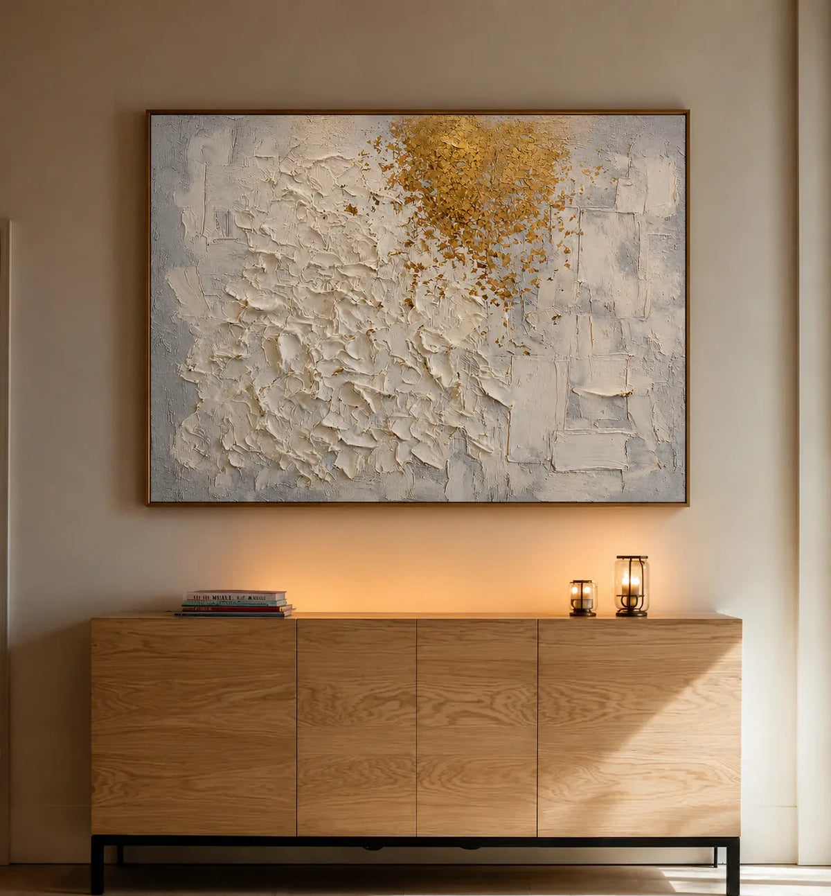 Golden Drift White Textured Wall Art styled interior scene 1 | Olyrel
