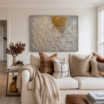 Golden Drift White Textured Wall Art styled interior scene 2 | Olyrel