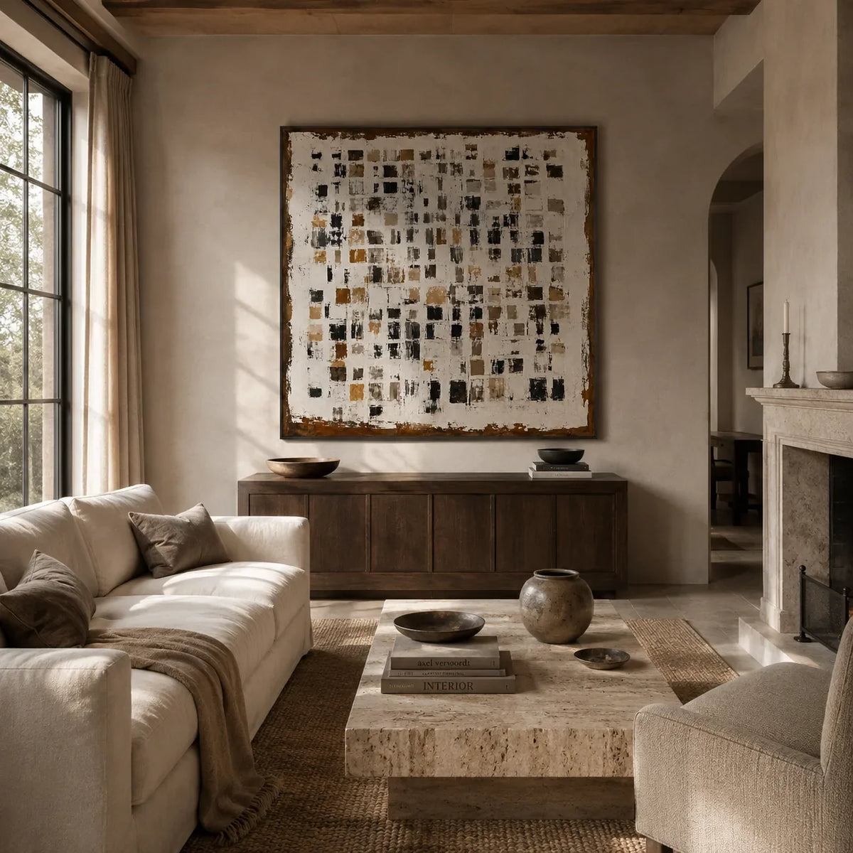 Amber Mosaic Abstract Wall Art displayed above a sofa in a neutral interior | Olyrel