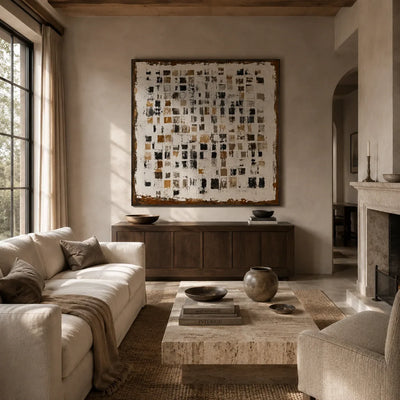 Amber Mosaic Abstract Wall Art displayed above a sofa in a neutral interior | Olyrel